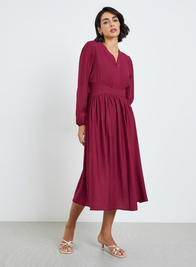 Styli Women Red Balloon Sleeves A-Line Midi Dress - Image 2